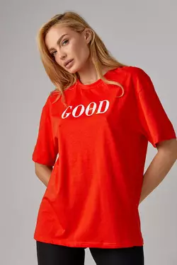 Трикотажная футболка с надписью Good vibes - красный цвет, L (есть размеры)