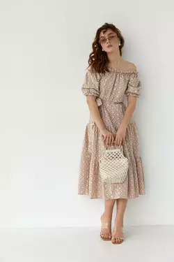 Летнее платье миди с открытыми плечами - кофейный цвет, L (есть размеры)