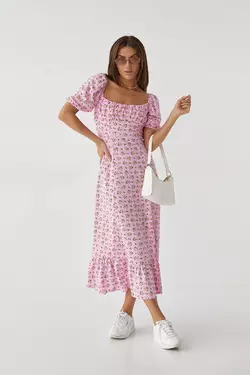Длинное цветочное платье с оборкой hot fashion - розовый цвет, M (есть размеры)