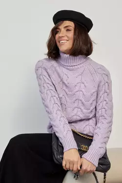 Женский свитер из крупной вязки в косичку - лавандовый цвет, L (есть размеры)