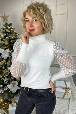 Jasmine Роскошный свитер с ажурными рукавами декорированными принтом горох - белый цвет, L