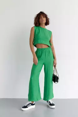 Летний женский костюм с брюками и топом с завязками - зеленый цвет, L (есть размеры)