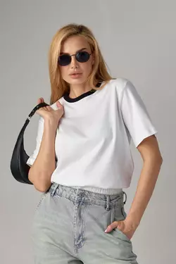 Трикотажная женская футболка с контрастной окантовкой - белый с черным цвет, L (есть размеры)