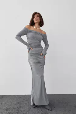 Длинное вечернее платье с драпировкой - серый цвет, L (есть размеры)
