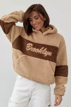 Женское худи из экомеха с надписью Brooklyn - светло-коричневый цвет, L (есть размеры)