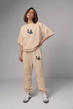 Женский спортивный костюм с вышивкой LA - кремовый цвет, M (есть размеры)