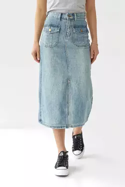 Джинсовая юбка с разрезом и накладными карманами - голубой цвет, S (есть размеры)