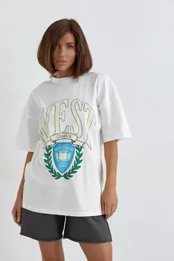 Хлопковая футболка оверсайз с надписью West - молочный цвет, L (есть размеры)
