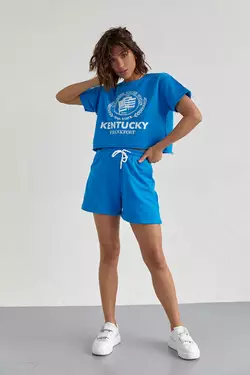 Женский спортивный комплект с шортами и футболкой - синий цвет, L (есть размеры)
