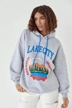 Утепленное худи с принтом и надписью Lake city - светло-серый цвет, L (есть размеры)