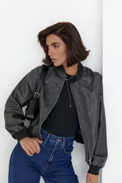 Женская куртка-бомбер в винтажном стиле - черный цвет, L (есть размеры)