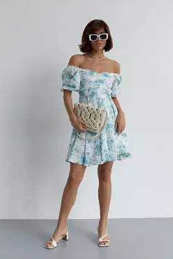 Летнее платье мини с драпировкой спереди - бирюзовый цвет, M (есть размеры)