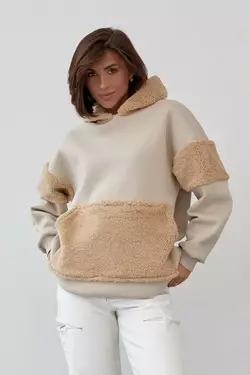 Теплое женское худи с меховыми вставками - бежевый цвет, M (есть размеры)