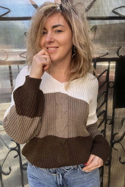 LUREX Полосатый пуловер с косой - кофейный цвет, M