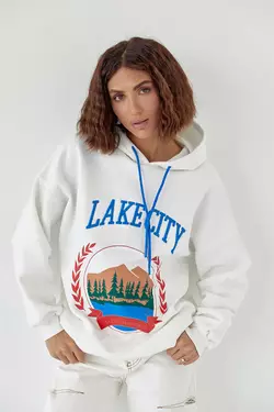Утепленное худи с принтом и надписью Lake city - молочный цвет, L (есть размеры)