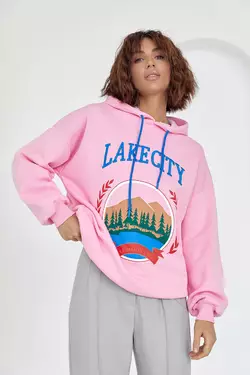 Утепленное худи с принтом и надписью Lake city - розовый цвет, M (есть размеры)