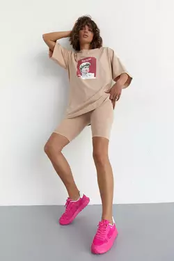 Женский костюм с футболкой oversize и велосипедками - кофейный цвет, L (есть размеры)