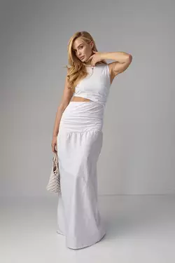Платье макси с драпировкой и вырезом на талии - белый цвет, L (есть размеры)