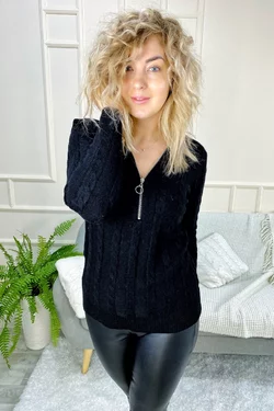 P-M Пуловер в косичку с молнией и кольцом - черный цвет, L/XL