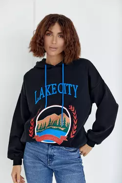 Утепленное худи с принтом и надписью Lake city - черный цвет, L (есть размеры)