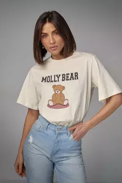 Хлопковая футболка с принтом медвежонка - бежевый цвет, L (есть размеры)