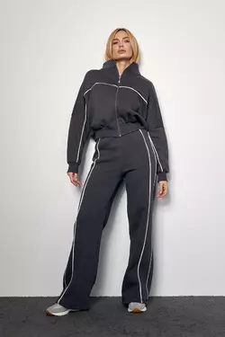 Утепленный женский спортивный костюм с акцентными полосками - темно-серый цвет, L (есть размеры)