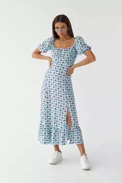 Длинное цветочное платье с оборкой hot fashion - бирюзовый цвет, M (есть размеры)