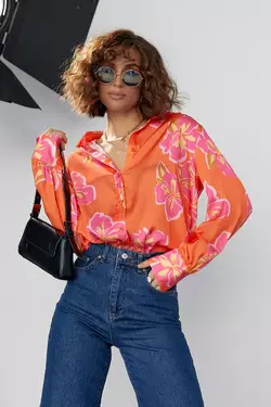Шелковая блуза на пуговицах с цветочным узором - оранжевый цвет, S (есть размеры)