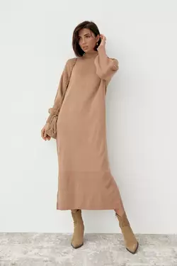 Длинное платье oversize с разрезами - светло-коричневый цвет, S (есть размеры)