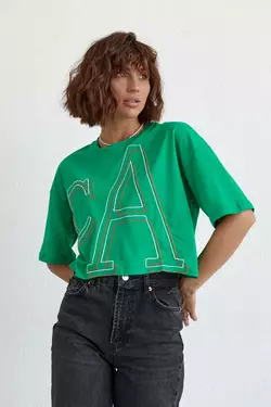 Укороченная женская футболка с вышитыми буквами - зеленый цвет, L/XL (есть размеры)