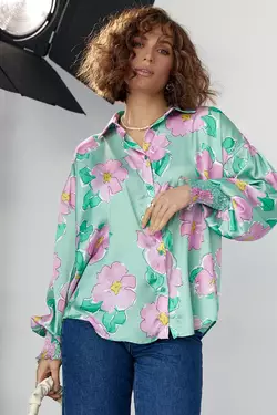 Шелковая блуза на пуговицах с узором в цветы - салатовый цвет, S (есть размеры)