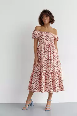Платье в мелкие цветы с открытыми плечами - терракотовый цвет, M (есть размеры)