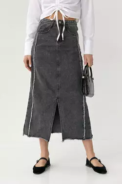 Джинсовая юбка миди с разрезом и бахромой - темно-серый цвет, M (есть размеры)