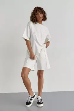 Трикотажный женский костюм с шортами и футболкой с вышивкой - белый цвет, L (есть размеры)