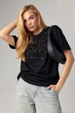 Женская футболка с цветными термостразами - черный цвет, M (есть размеры)