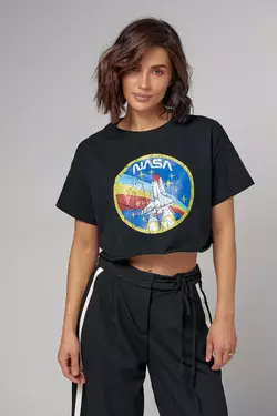 Укороченная женская футболка с принтом Nasa - черный цвет, S (есть размеры)