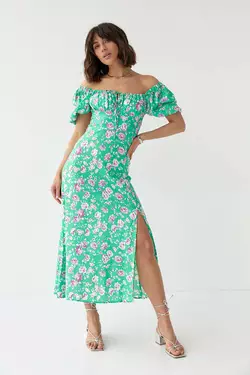 Летнее цветочное платье миди с кулиской на груди - зеленый цвет, S (есть размеры)