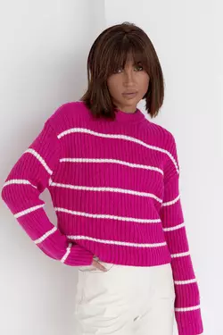 Женский вязаный свитер оверсайз в полоску - фуксия цвет, L (есть размеры)