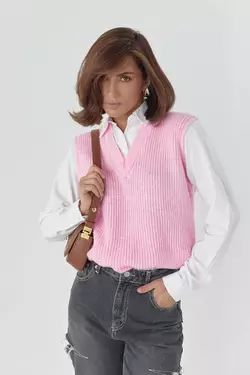 Женская рубашка с вязаным жилетом - розовый цвет, L (есть размеры)