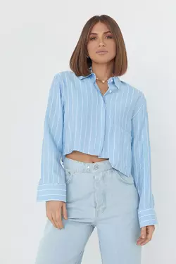 Укороченная рубашка в полоску с акцентным карманом - голубой цвет, L (есть размеры)