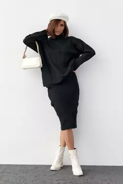 Костюм с платьем и свитером украшен рваным декором - черный цвет, L (есть размеры)