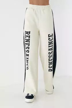Теплые трикотажные штаны с лампасами и надписью Renes Saince - кремовый цвет, L (есть размеры)
