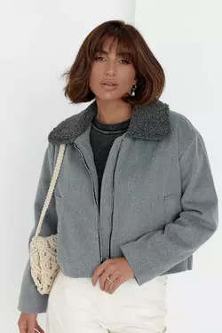 Женское короткое пальто в елочку - серый цвет, L (есть размеры)