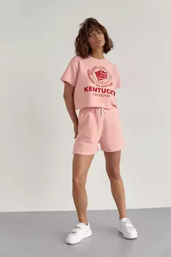 Женский спортивный комплект с шортами и футболкой - пудра цвет, S (есть размеры)