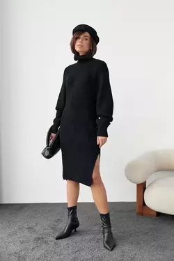 Вязаное платье миди с разрезами - черный цвет, L (есть размеры)