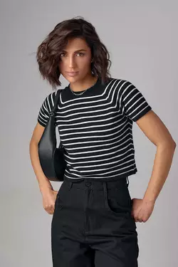 Укороченная женская футболка в полоску - черный цвет, L (есть размеры)