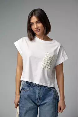 Укороченная футболка с ажурным карманом - молочный цвет, S (есть размеры)