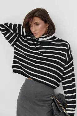 Укороченный свитер в полоску oversize - черный цвет, L (есть размеры)
