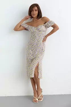 Летнее платье с разрезом в цветочный принт - кремовый цвет, L (есть размеры)