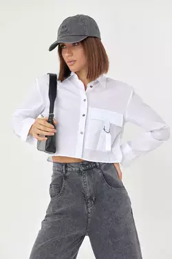 Укороченная женская рубашка с накладным карманом - белый цвет, L (есть размеры)